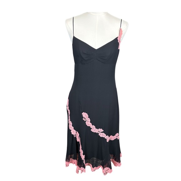 RARE BCBGMAXAZRIA Black Midi Dress Pink Floral Lace Trim Sweetheart Slip Dress 6 - Picture 4 of 13